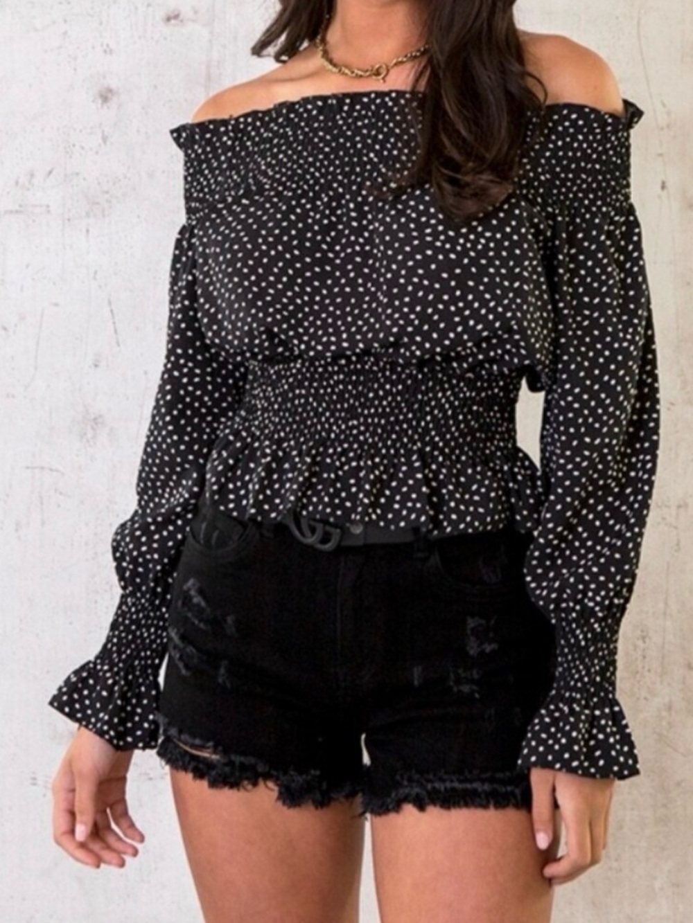 EXRESS Off-Shoulder Black Polka Dot Smocked Waist Top
